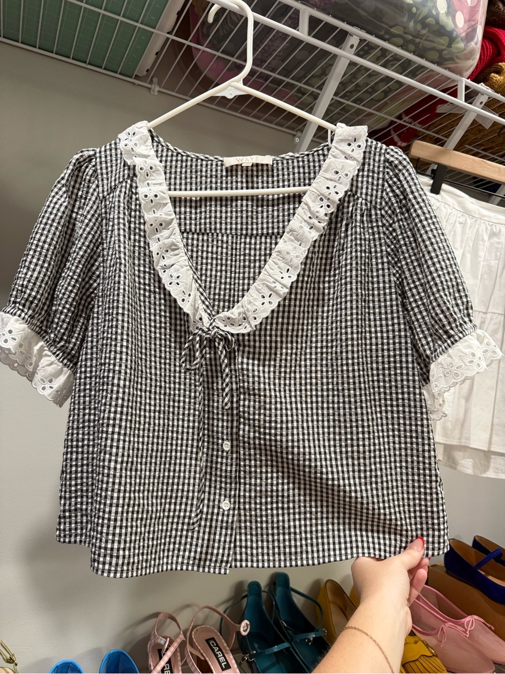 Wayf Black and White Gingham Lace-Trim Button Front Top Size Medium